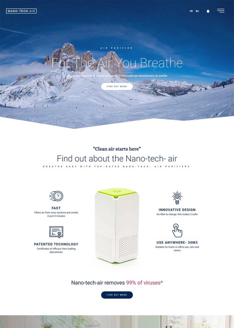 Homepage Nano-tech-air air purifier website design