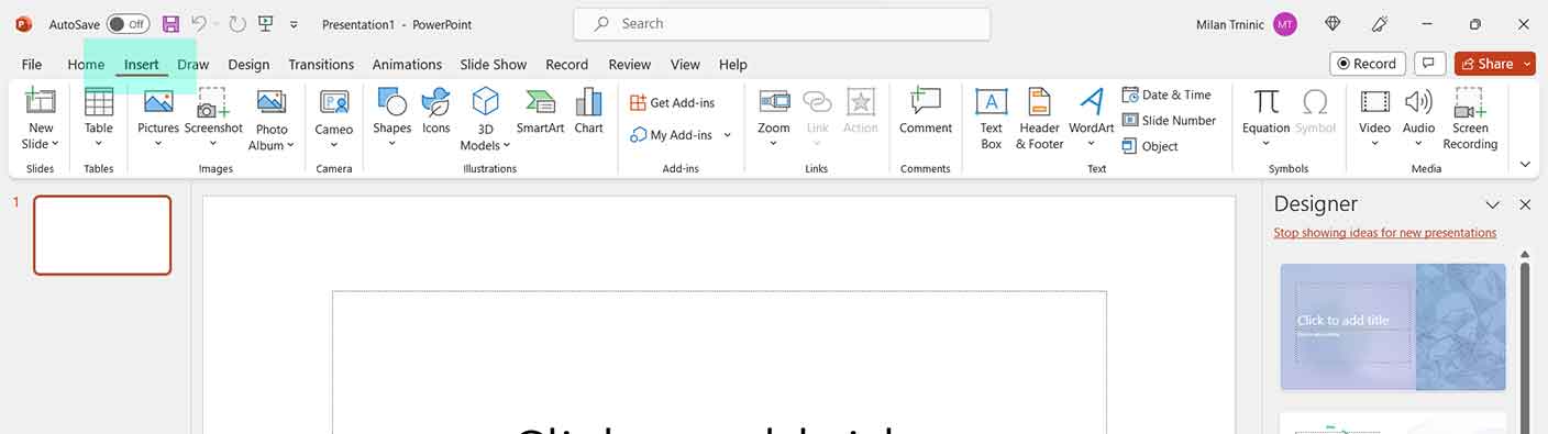 Click on the “Insert” tab in the PowerPoint ribbon at the top.

