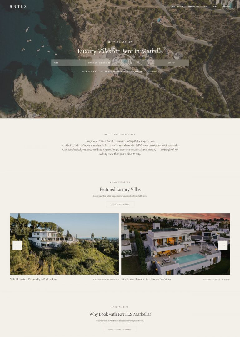RNTLS Marbella Website Homepage Layout – Luxury Villa Rental Platform/Website