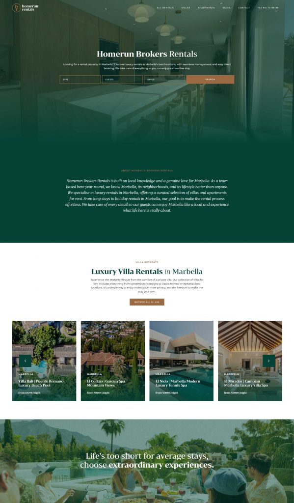 homerun marbella homepage web design 20 Best Rental WordPress Themes 1 Green vacation rental website homepage web design