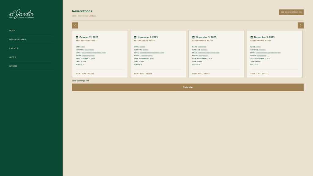 Automated restaurant website interface for El Jardin Marbella