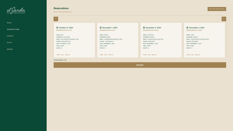 Automated restaurant website interface for El Jardin Marbella