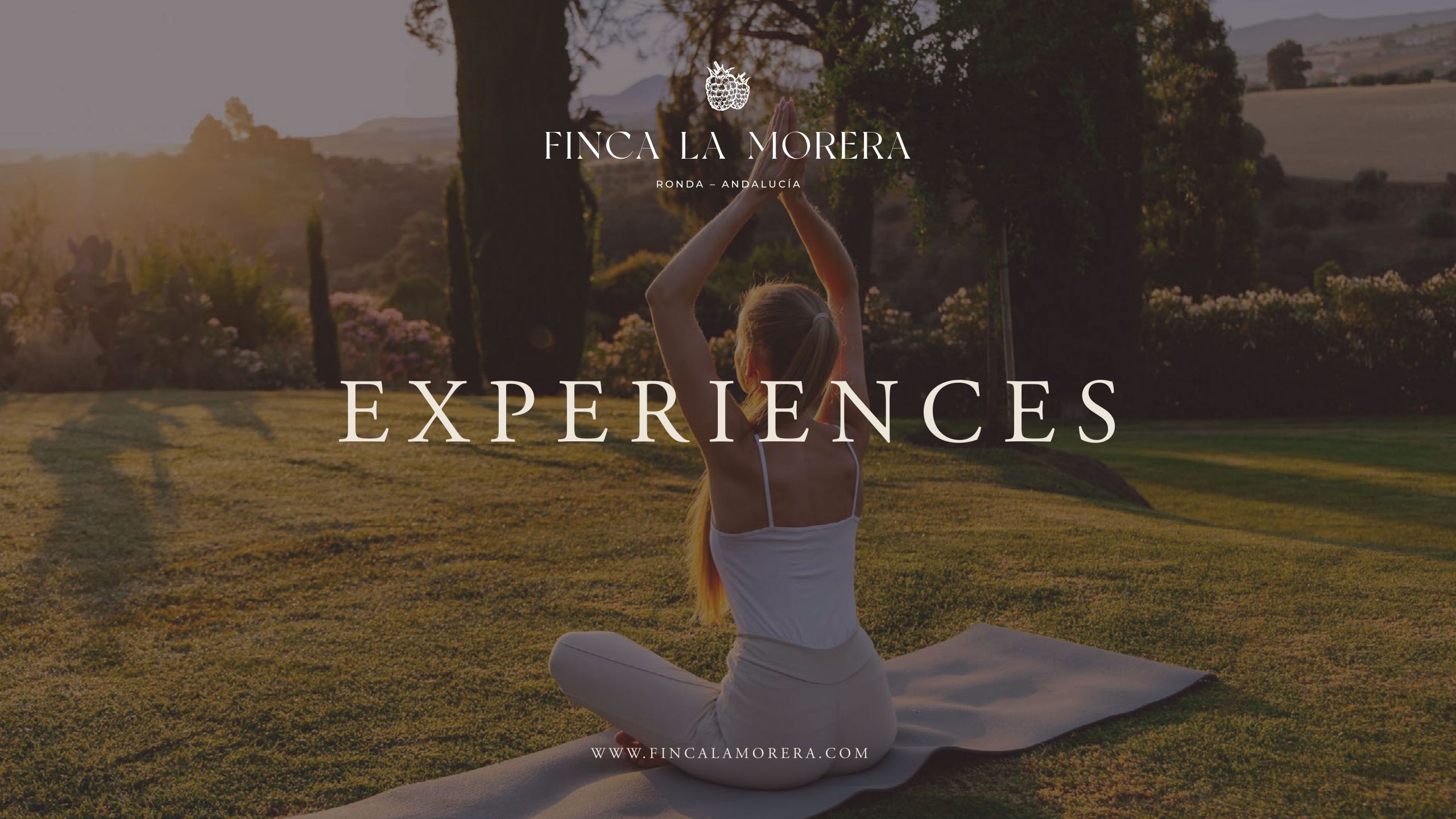 Landscape-format "Experiences" guide cover for Finca La Morera featuring golden hour yoga.