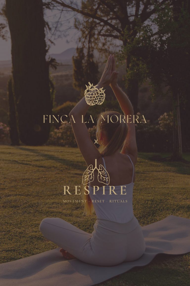 "Respire" wellness branding at Finca La Morera featuring a yoga practitioner at sunset.